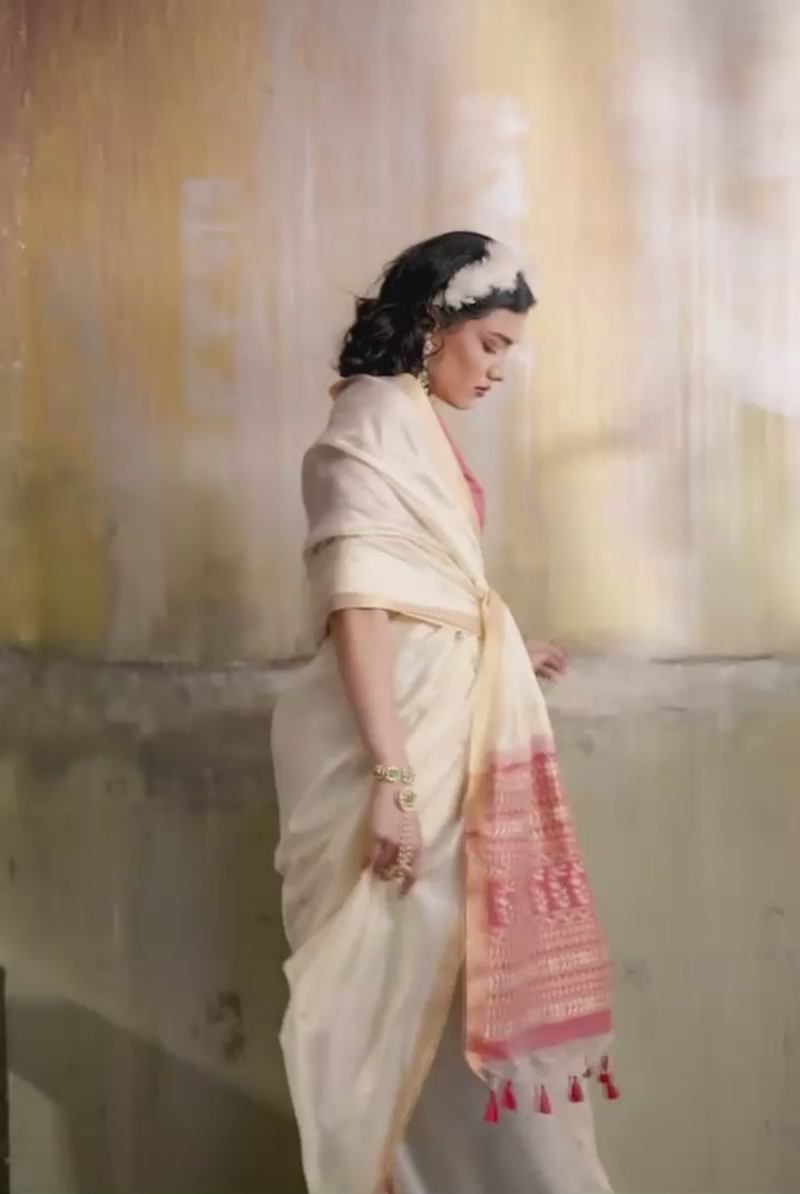 Beige Color Handloom Weaving Tussar Silk Saree
