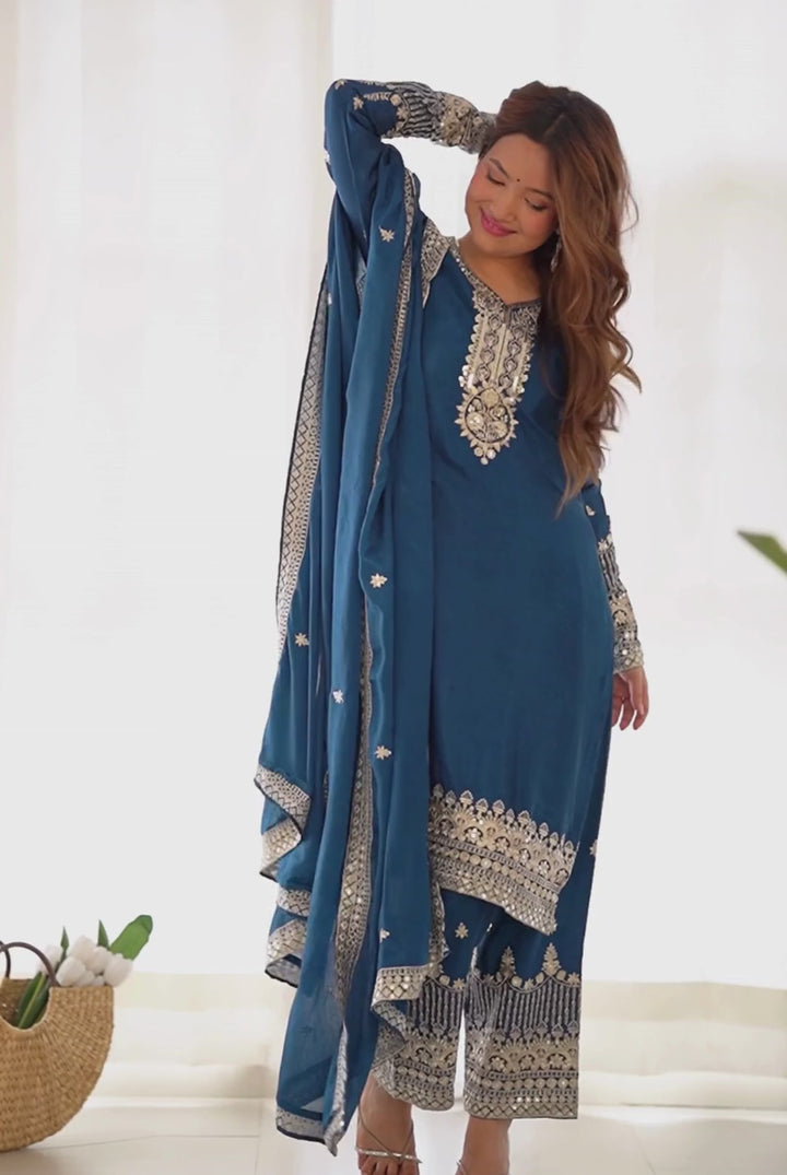 Chinon Silk Fabric Blue Color Glamorous Readymade Palazzo Suit