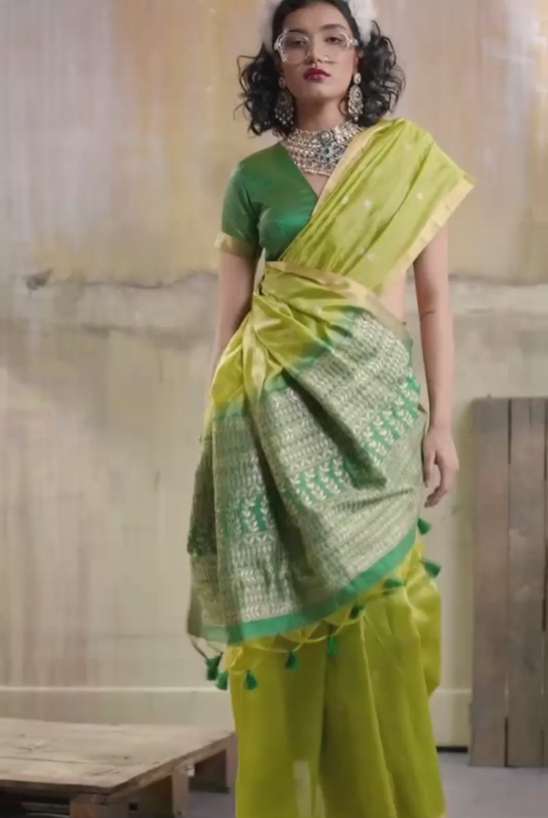 Green Handloom Weaving Tussar Silk Saree