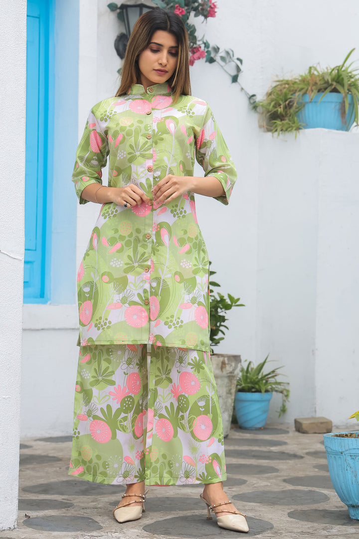 Casual Style Cotton Fabric Green Color Supreme Co-Ord Set | Buy Online India