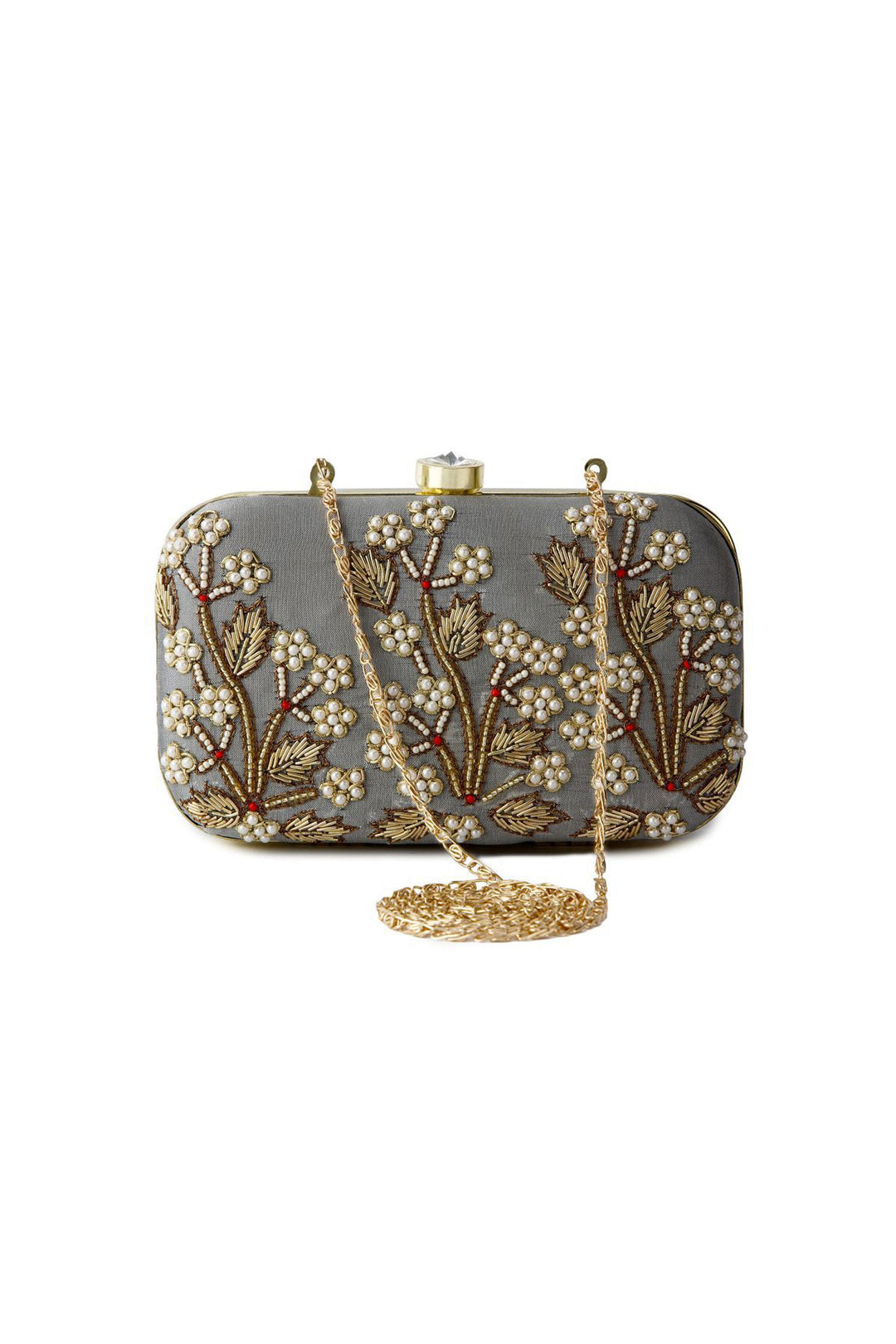 Charming Grey Color Fancy Fabric Embroidered Clutch | Buy Online India