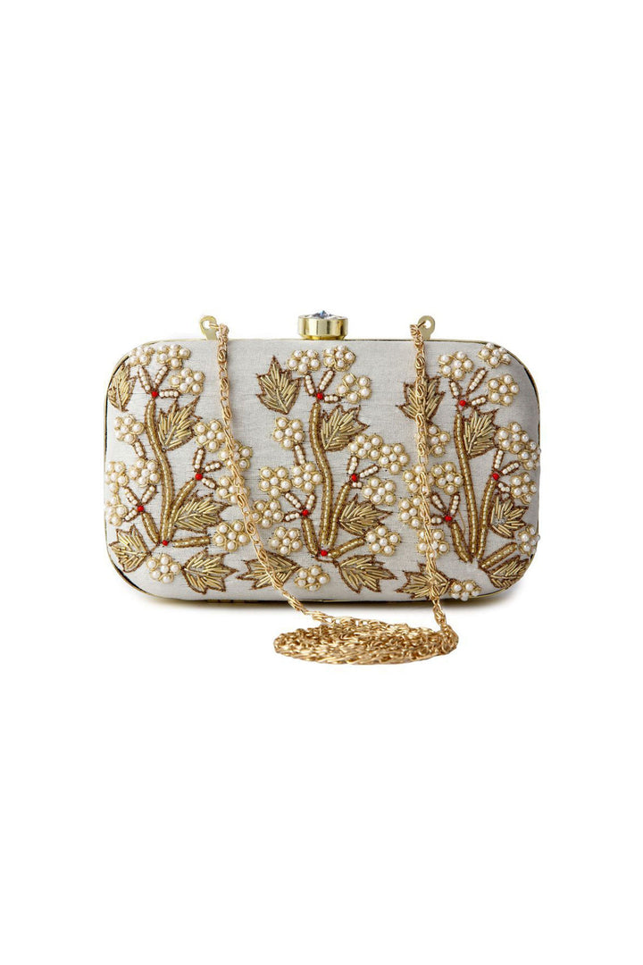 Delicate Fancy Fabric Embroidered Grey Color Clutch | Buy Online India