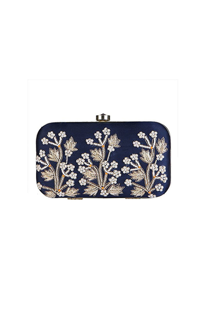 Stunning Embroidered Fancy Fabric Clutch In Navy Blue Color | Buy Online India