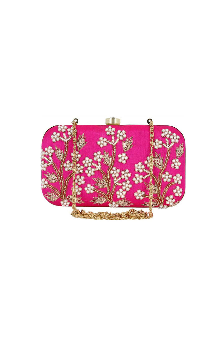 Classic Fancy Fabric Embroidered Clutch In Pink Color | Buy Online India