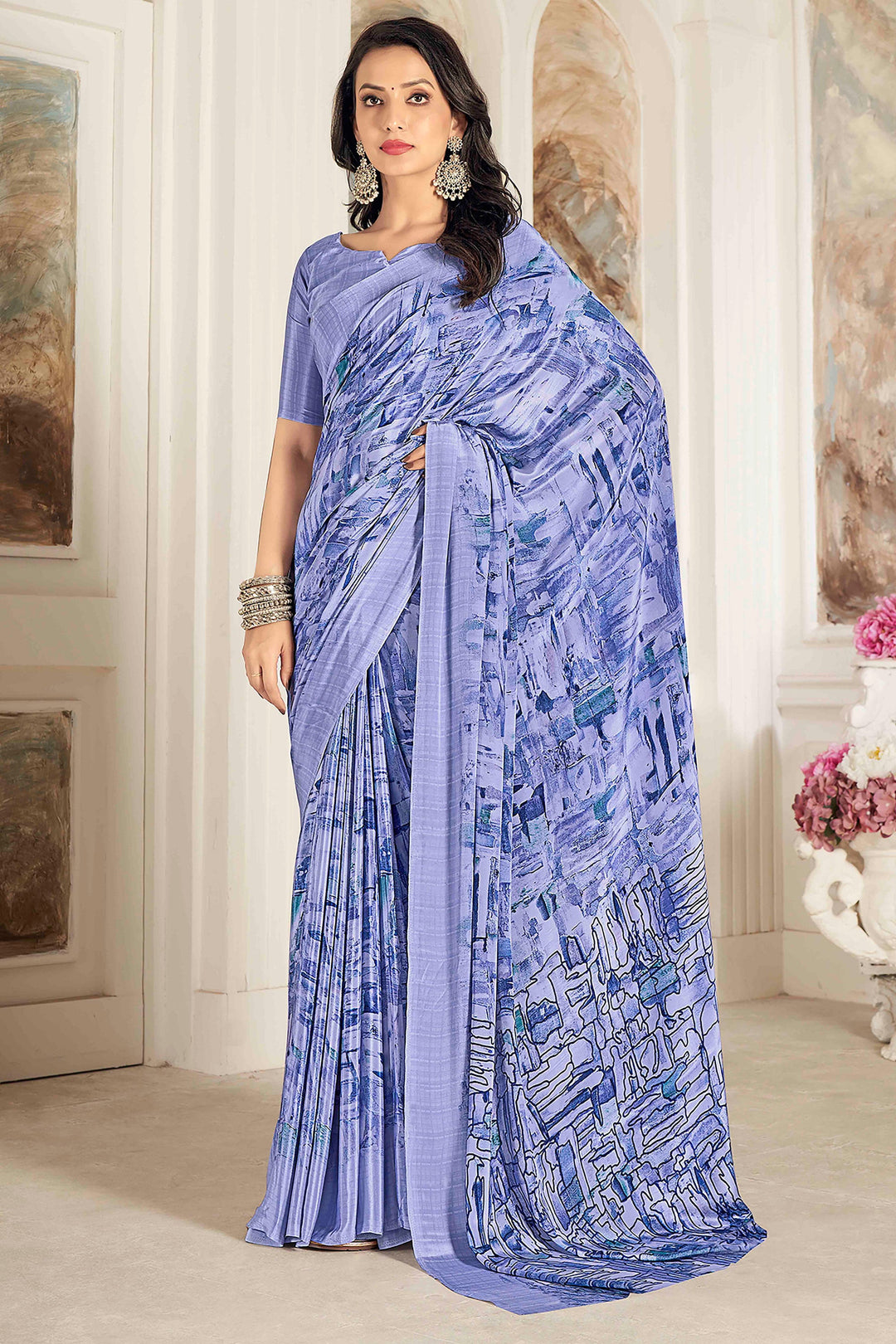 Lavender Color Printed Work On Crepe Silk Fabric Stunning Saree | Buy Online India