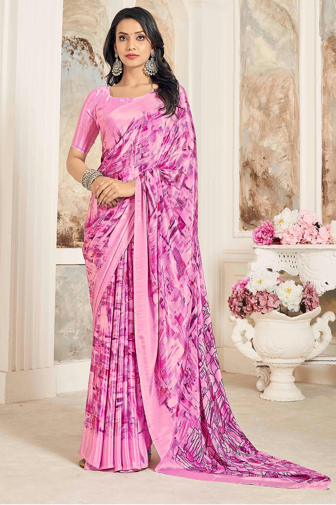 Beguiling Printed Work On Pink Color Crepe Silk Fabric Saree | Buy Online India