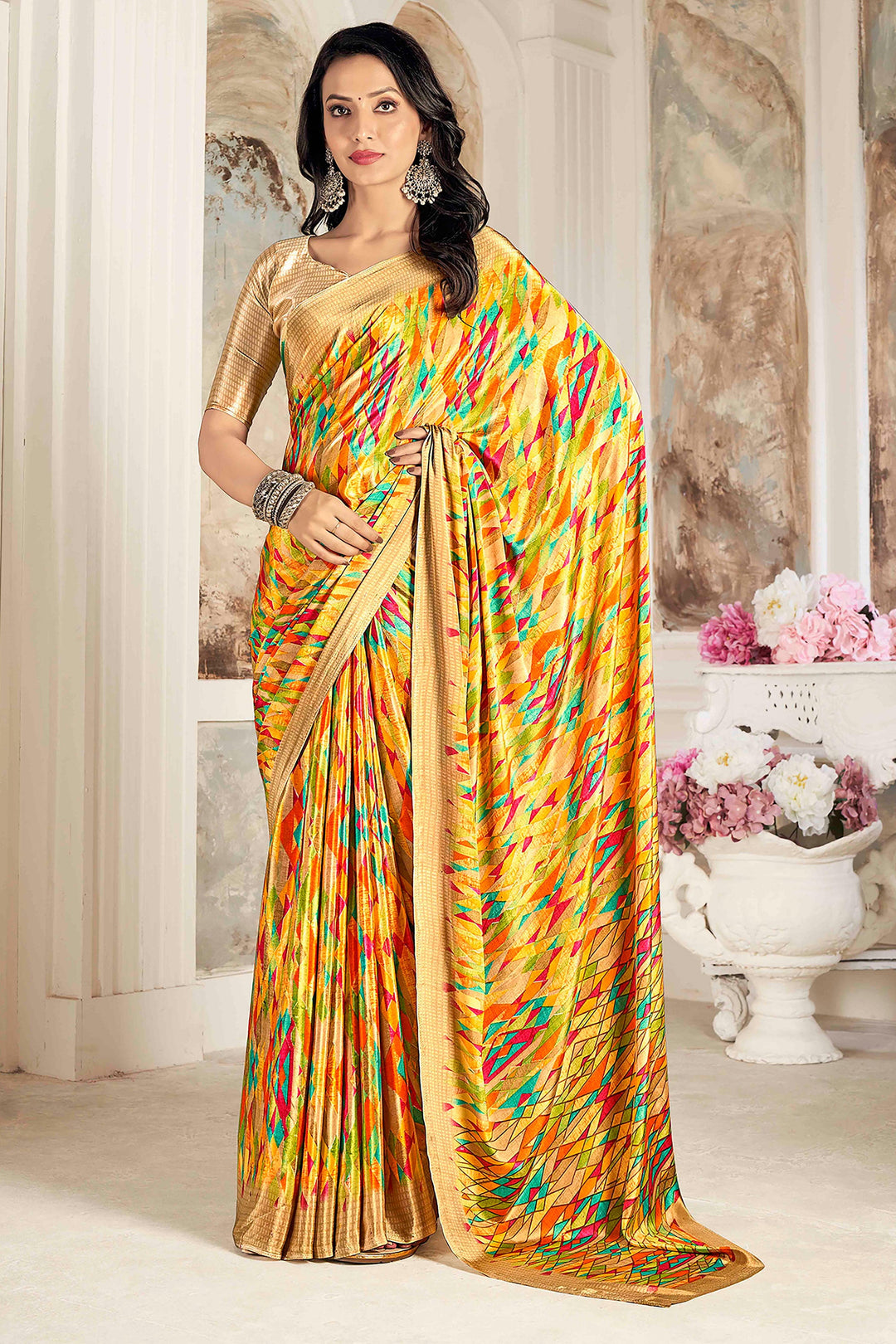 Incredible Printed Work On Crepe Silk Fabric Yellow Color Saree | Buy Online India