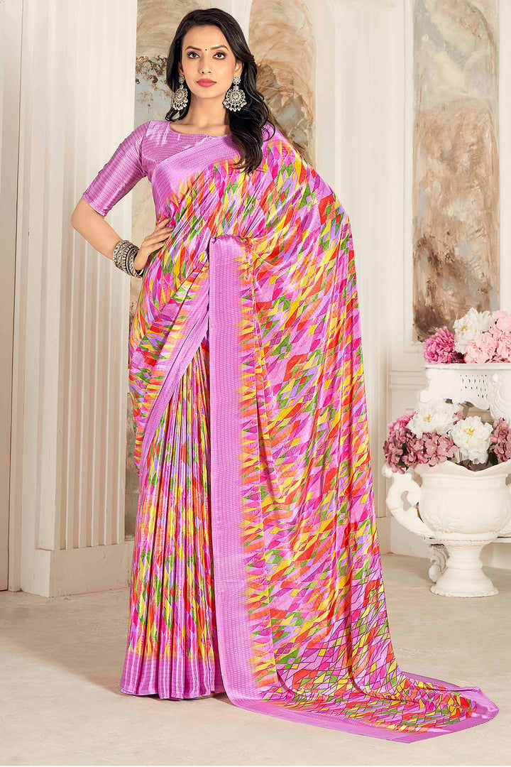 Tempting Crepe Silk Fabric Pink Color Saree With Printed Work | Buy Online India