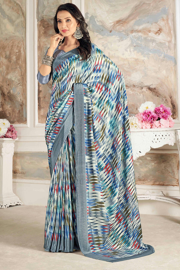 Crepe Silk Fabric Multi Color Delicate Saree With Printed Work | Buy Online India