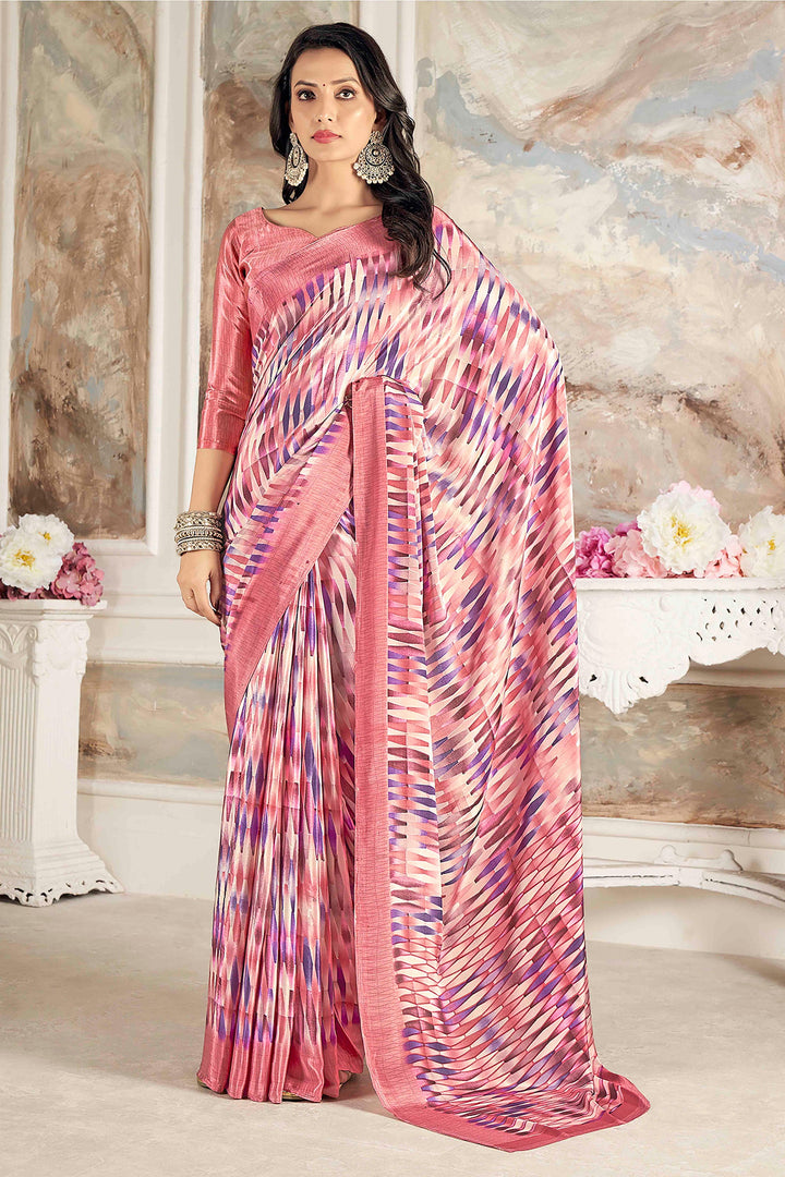 Engaging Peach Color Crepe Silk Fabric Saree With Printed Work | Buy Online India