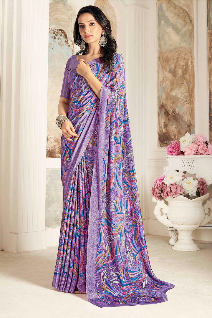 Amazing Printed Work On Purple Color Crepe Silk Fabric Saree | Buy Online India