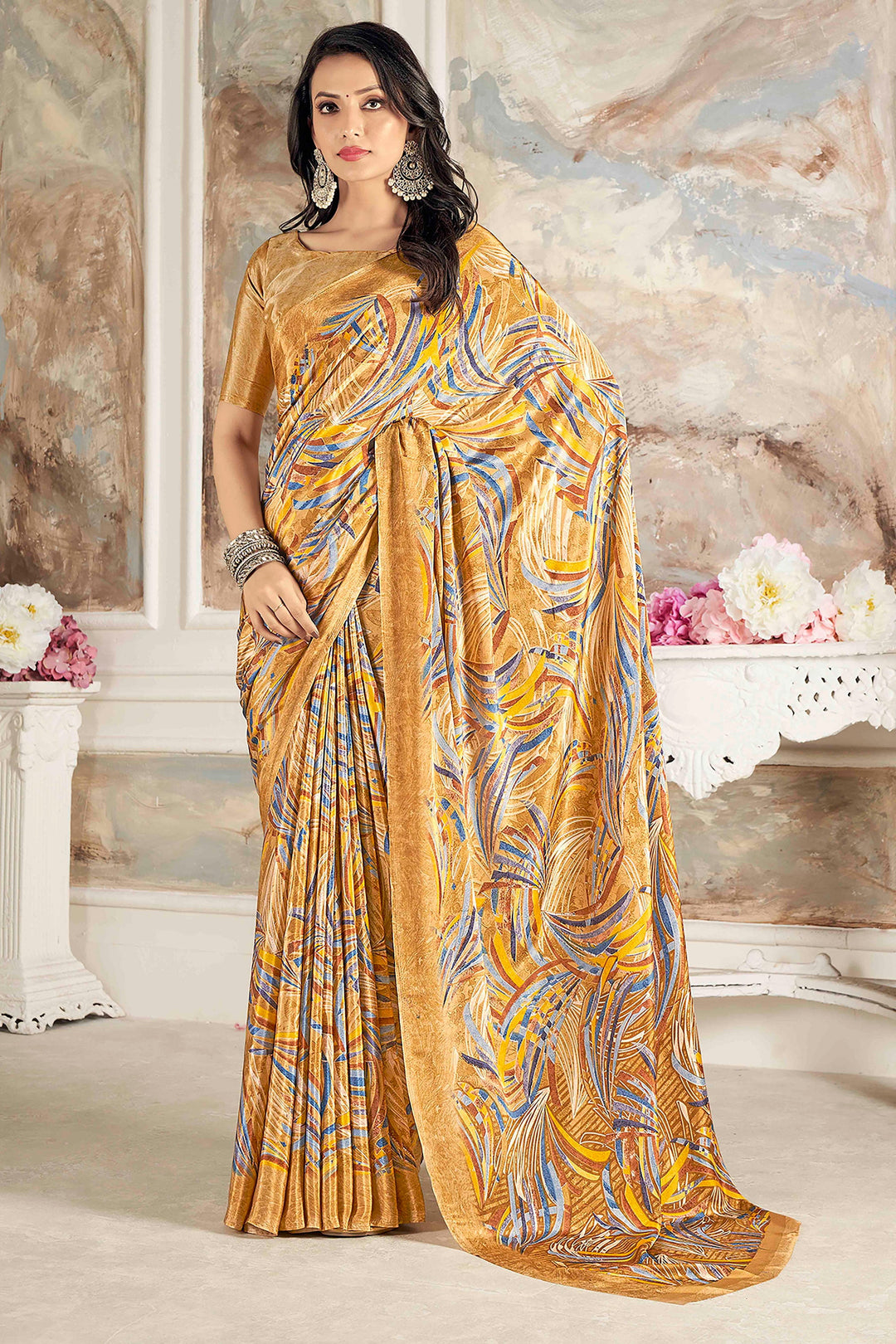 Trendy Crepe Silk Fabric Mustard Color Saree With Printed Work | Buy Online India