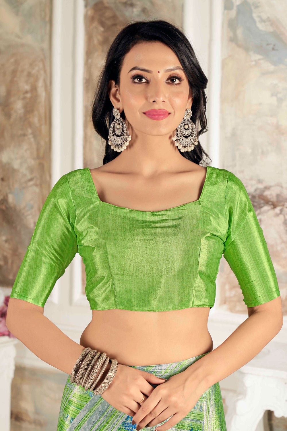 Soothing Printed Work On Green Color Crepe Silk Fabric Saree | Buy Online India