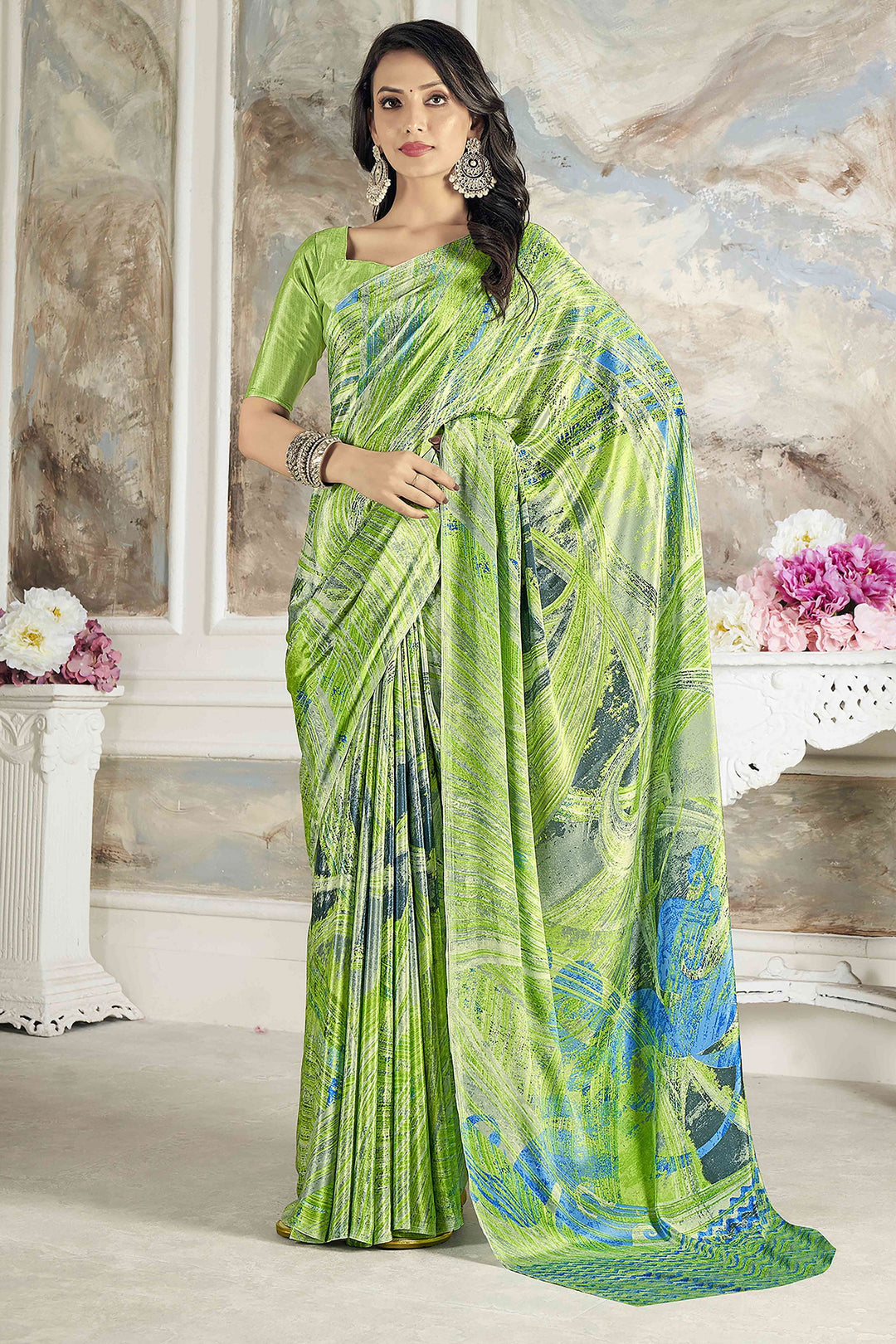Soothing Printed Work On Green Color Crepe Silk Fabric Saree | Buy Online India