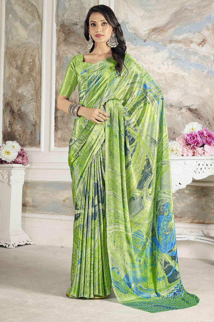 Soothing Printed Work On Green Color Crepe Silk Fabric Saree | Buy Online India