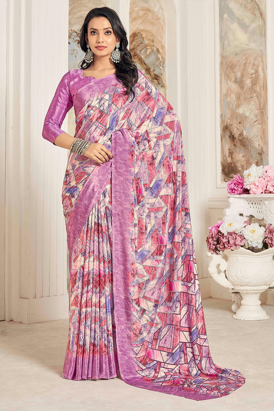 Graceful Crepe Silk Fabric Pink Color Saree With Printed Work | Buy Online India
