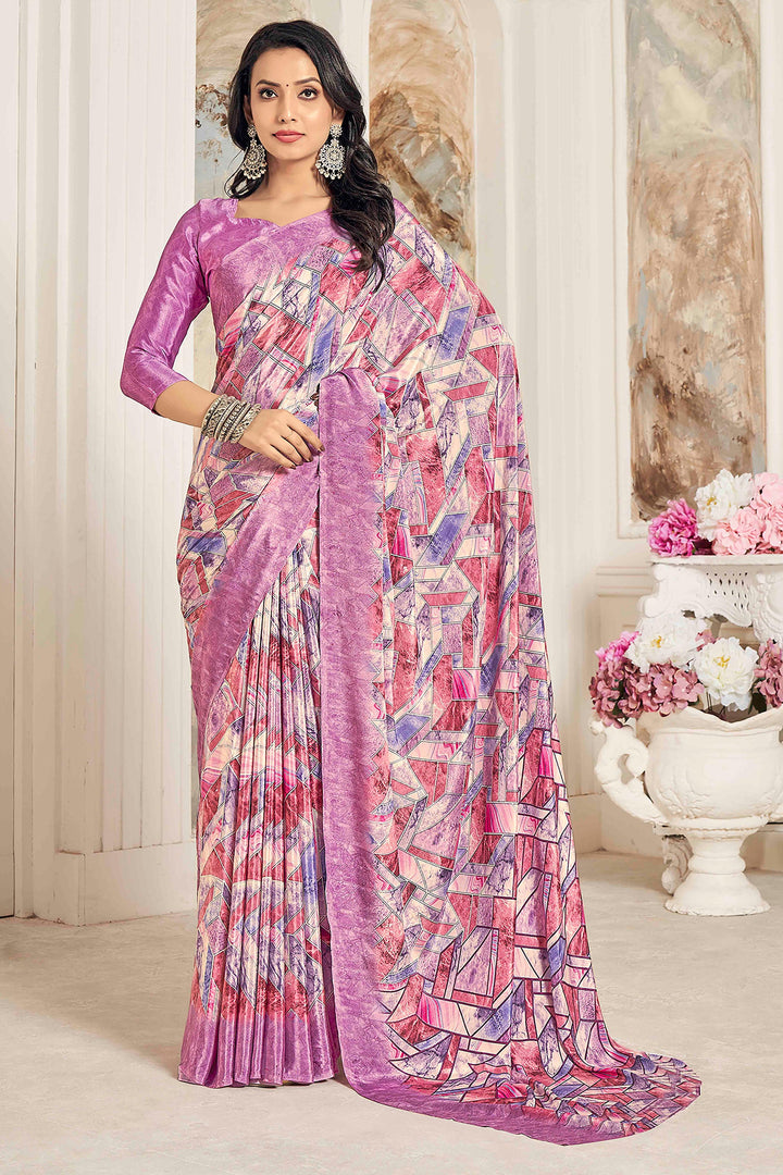 Graceful Crepe Silk Fabric Pink Color Saree With Printed Work | Buy Online India
