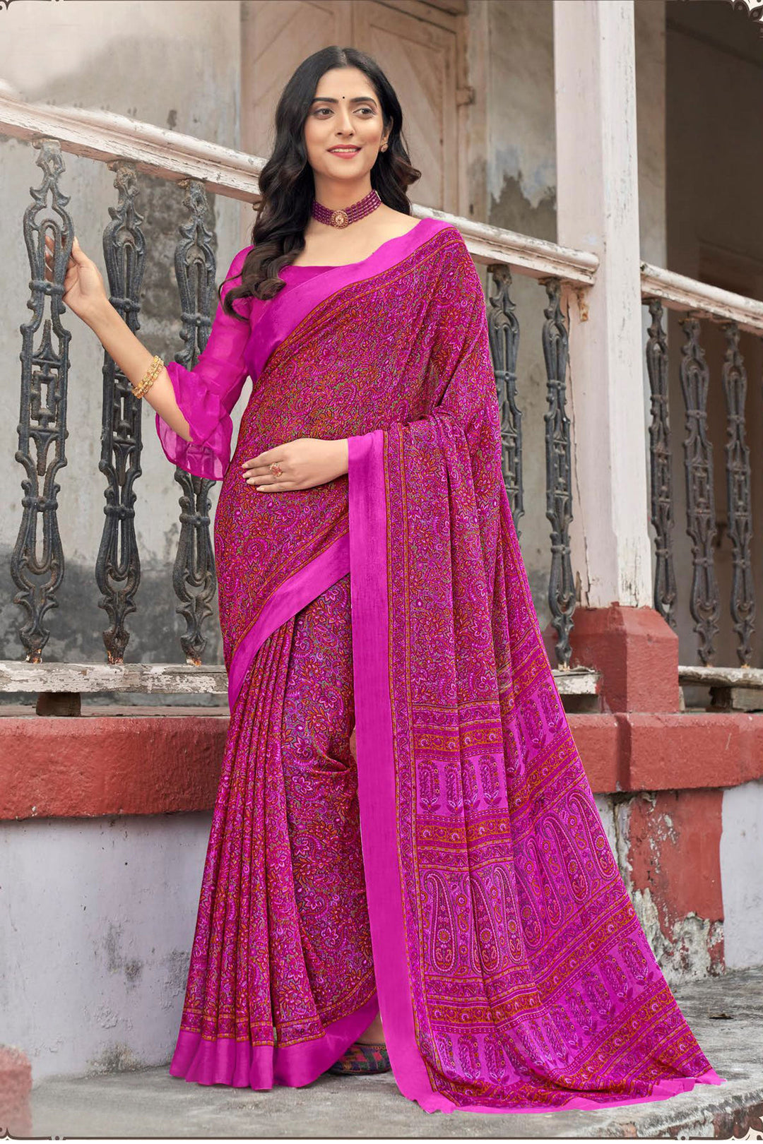 Pink Color Chiffon Fabric Beauteous Casual Abstract Printed Saree | Buy Online India