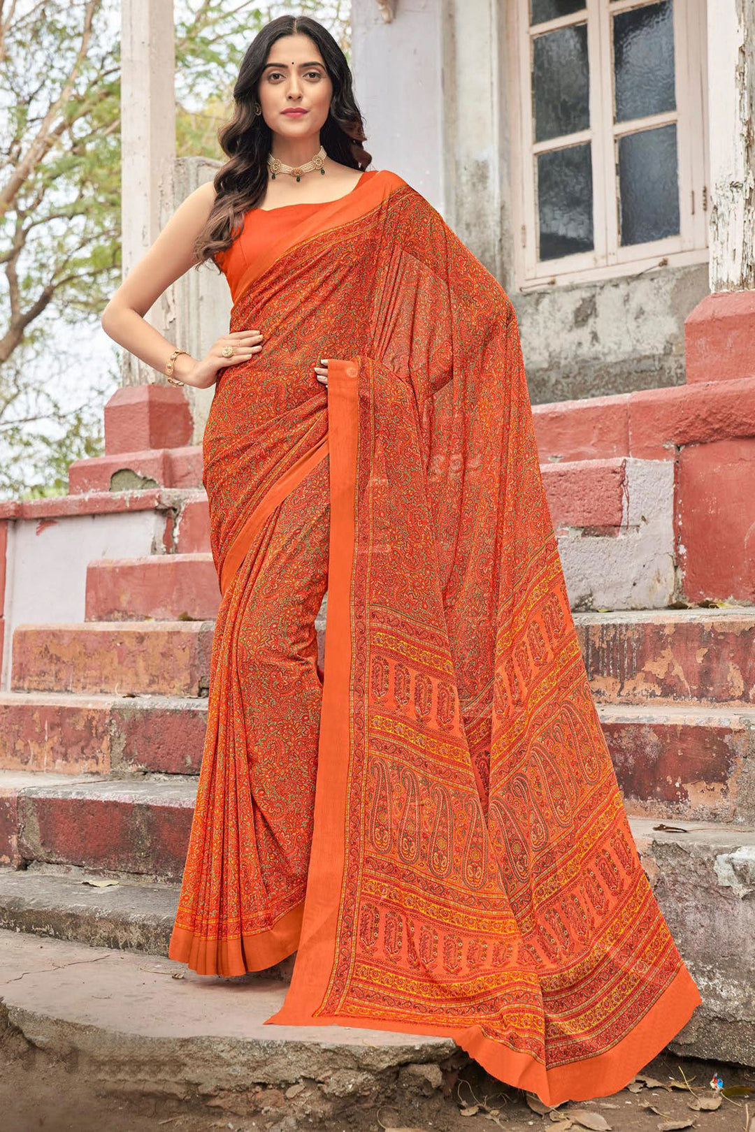 Orange Color Chiffon Fabric Casual Tempting Abstract Printed Saree | Buy Online India