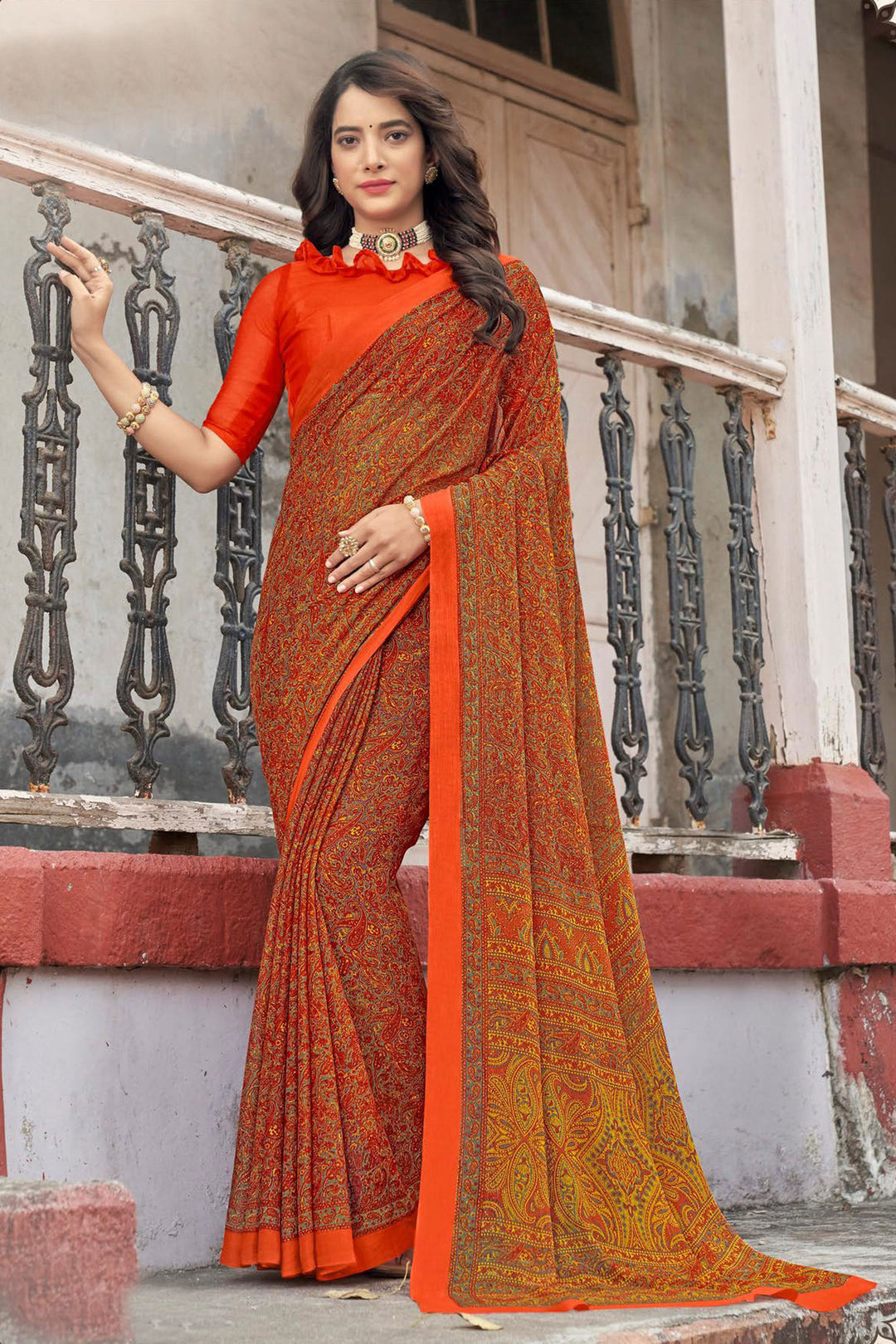 Chiffon Fabric Beatific Abstract Printed Casual Saree In Orange Color | Buy Online India