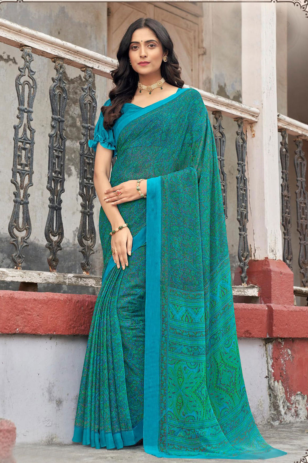 Elegant Chiffon Fabric Blue Color Casual Abstract Printed Saree | Buy Online India