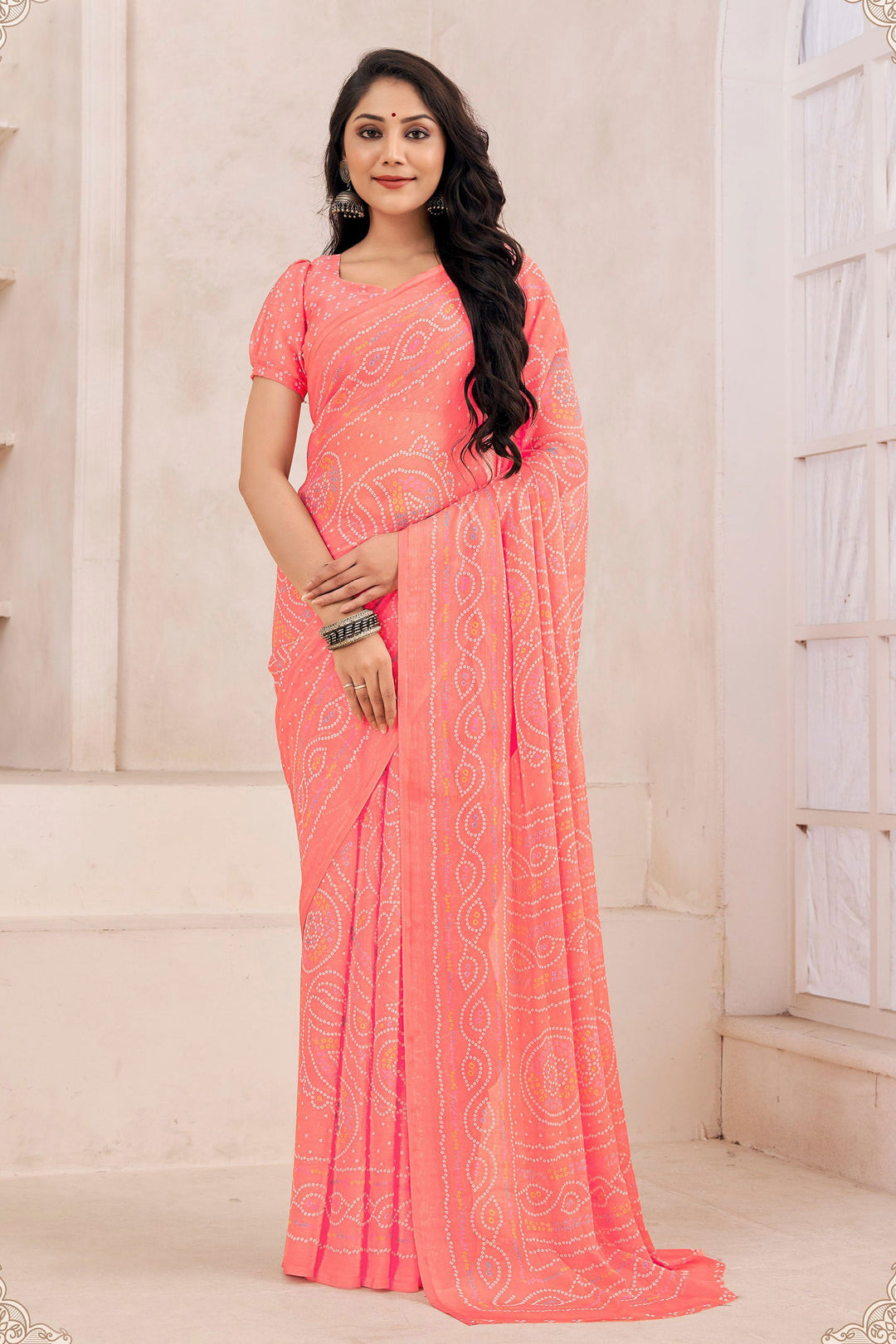Casual Wear Peach Color Glorious Chiffon Printed Saree | Buy Online India