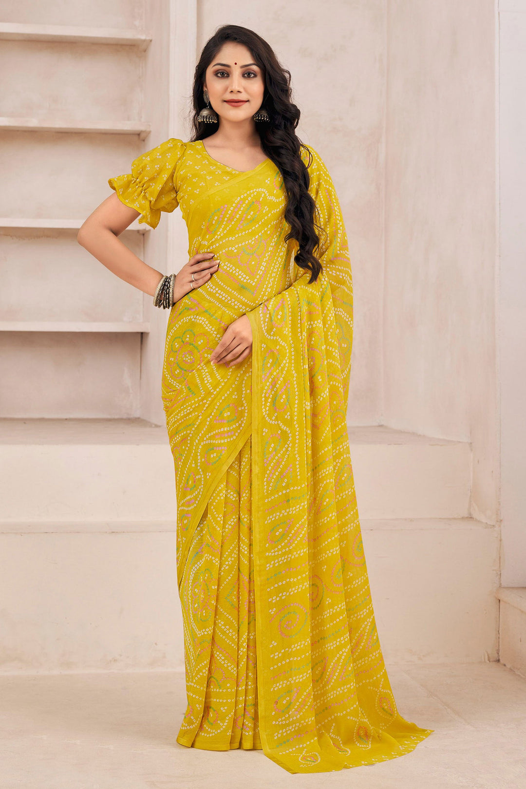 Casual Wear Wondrous Chiffon Fabric Printed Saree In Mustard Color | Buy Online India