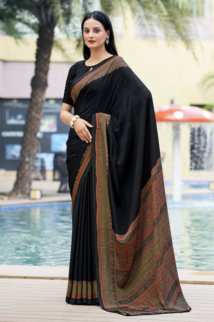 Charming Black Color Crepe Silk Fabric Casual Saree With Border Work | Buy Online India
