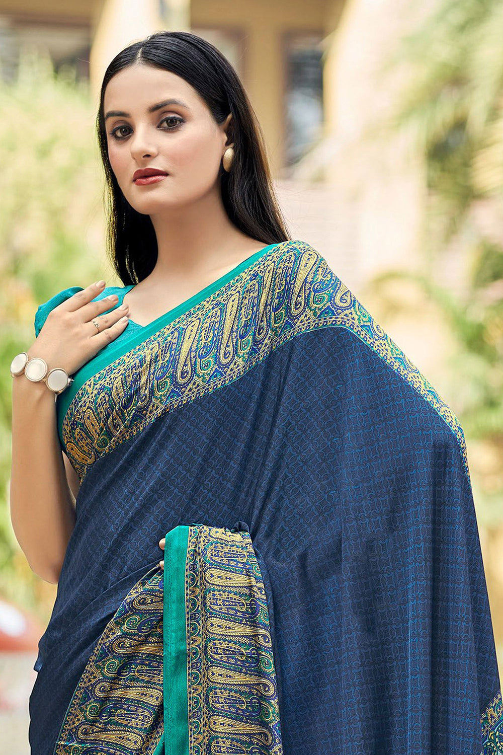 Excellent Crepe Silk Fabric Blue Color Casual Saree With Border Work | Buy Online India