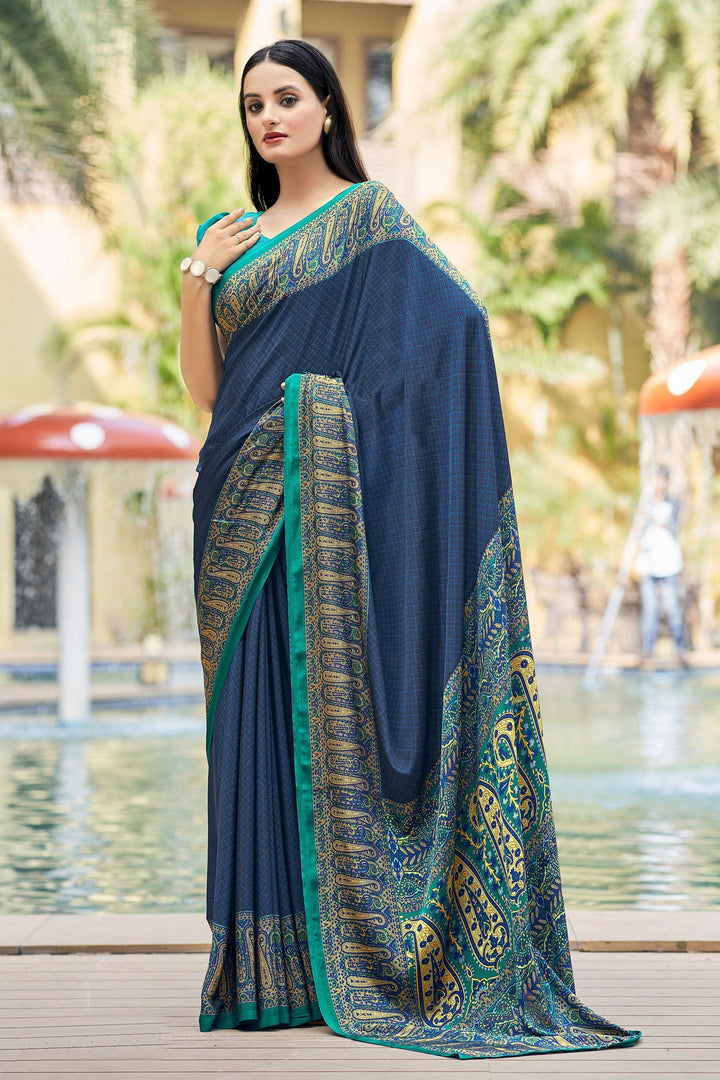 Excellent Crepe Silk Fabric Blue Color Casual Saree With Border Work | Buy Online India
