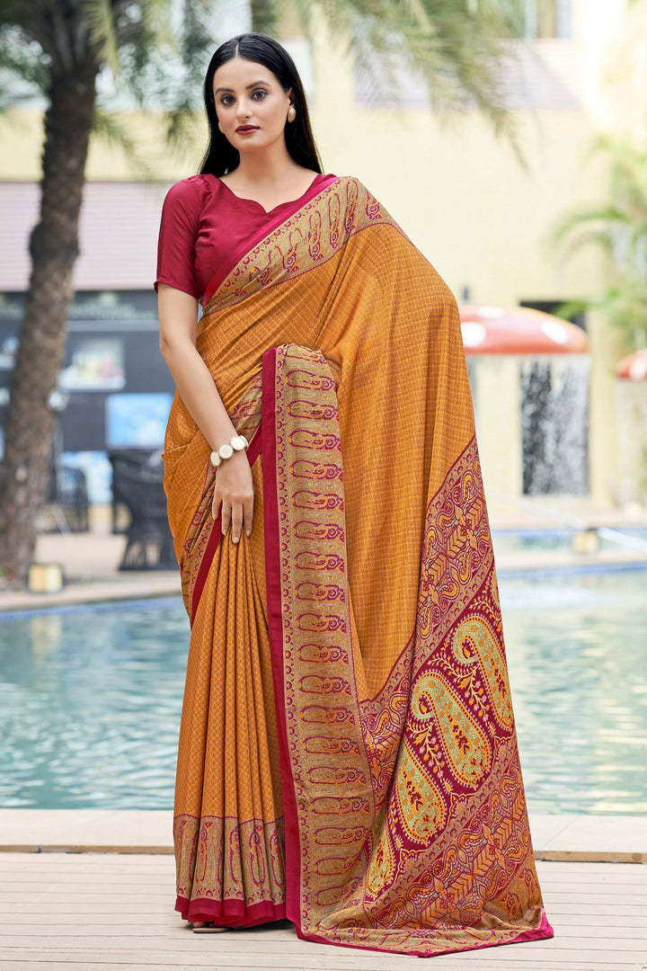 Orange Color Border Work On Crepe Silk Fabric Beatific Casual Saree | Buy Online India