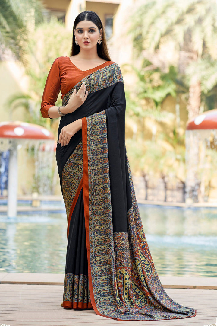 Beguiling Border Work On Black Color Crepe Silk Fabric Casual Saree | Buy Online India