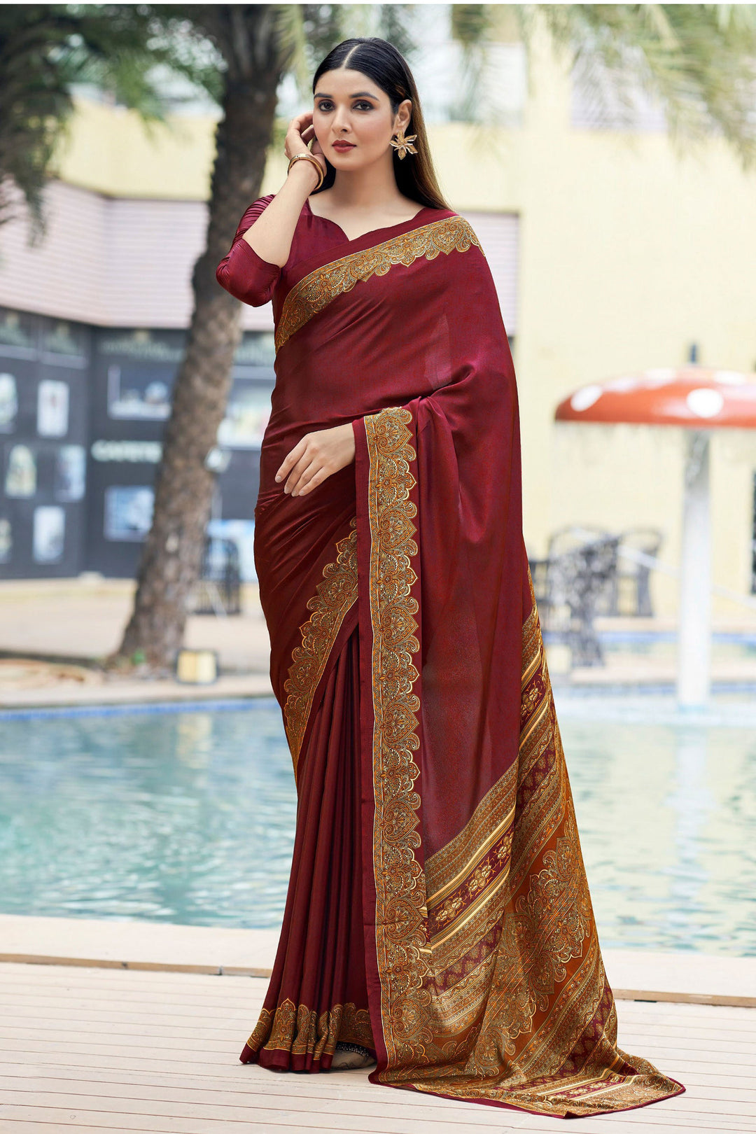 Tempting Crepe Silk Fabric Maroon Color Casual Saree With Border Work | Buy Online India