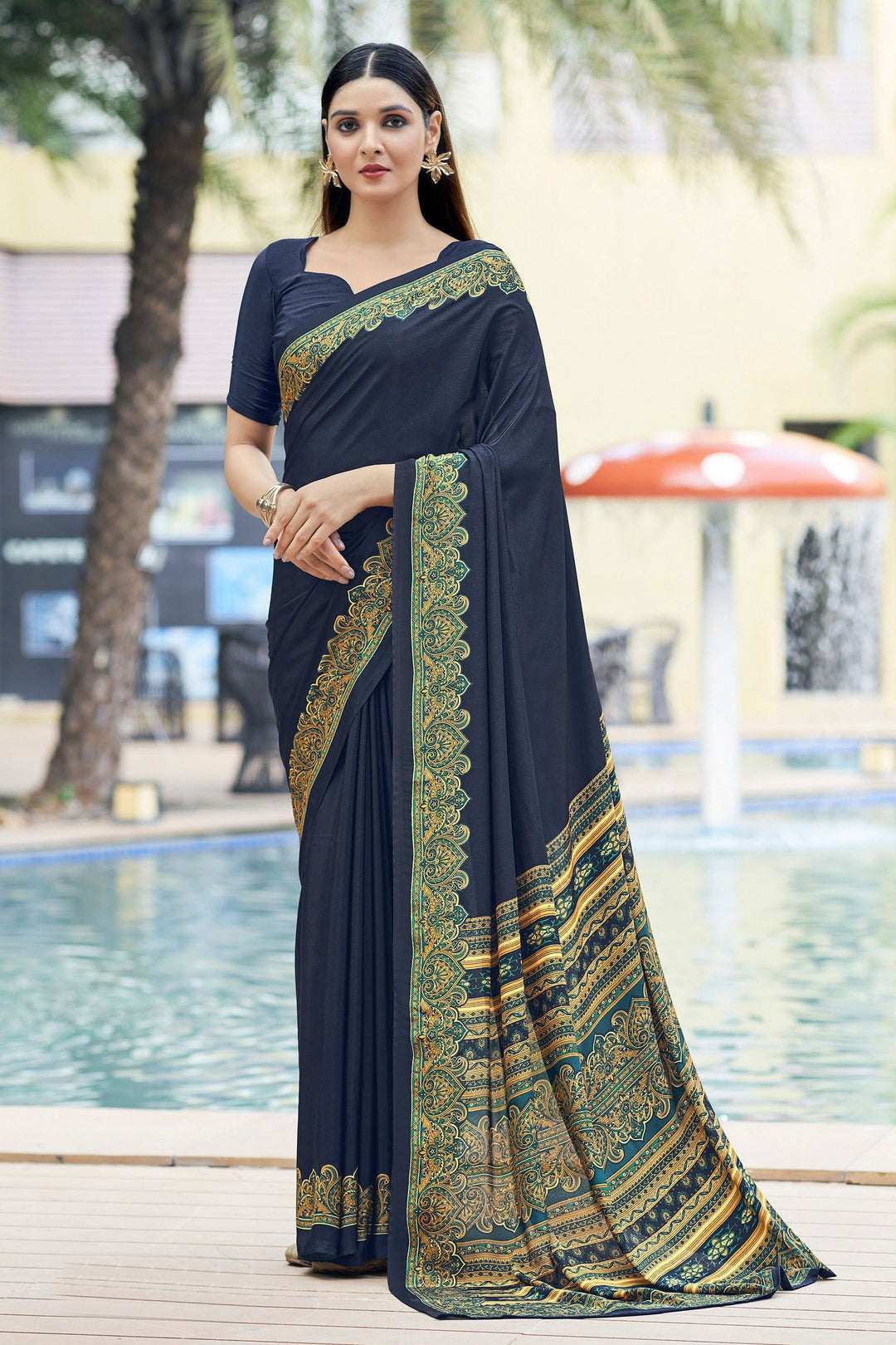 Engaging Navy Blue Color Crepe Silk Fabric Casual Saree With Border Work | Buy Online India