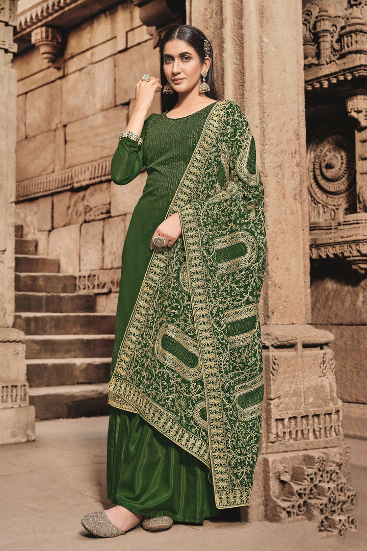 Festive Look Green Color Georgette Alluring Fancy Work Palazzo Suit | Buy Online India
