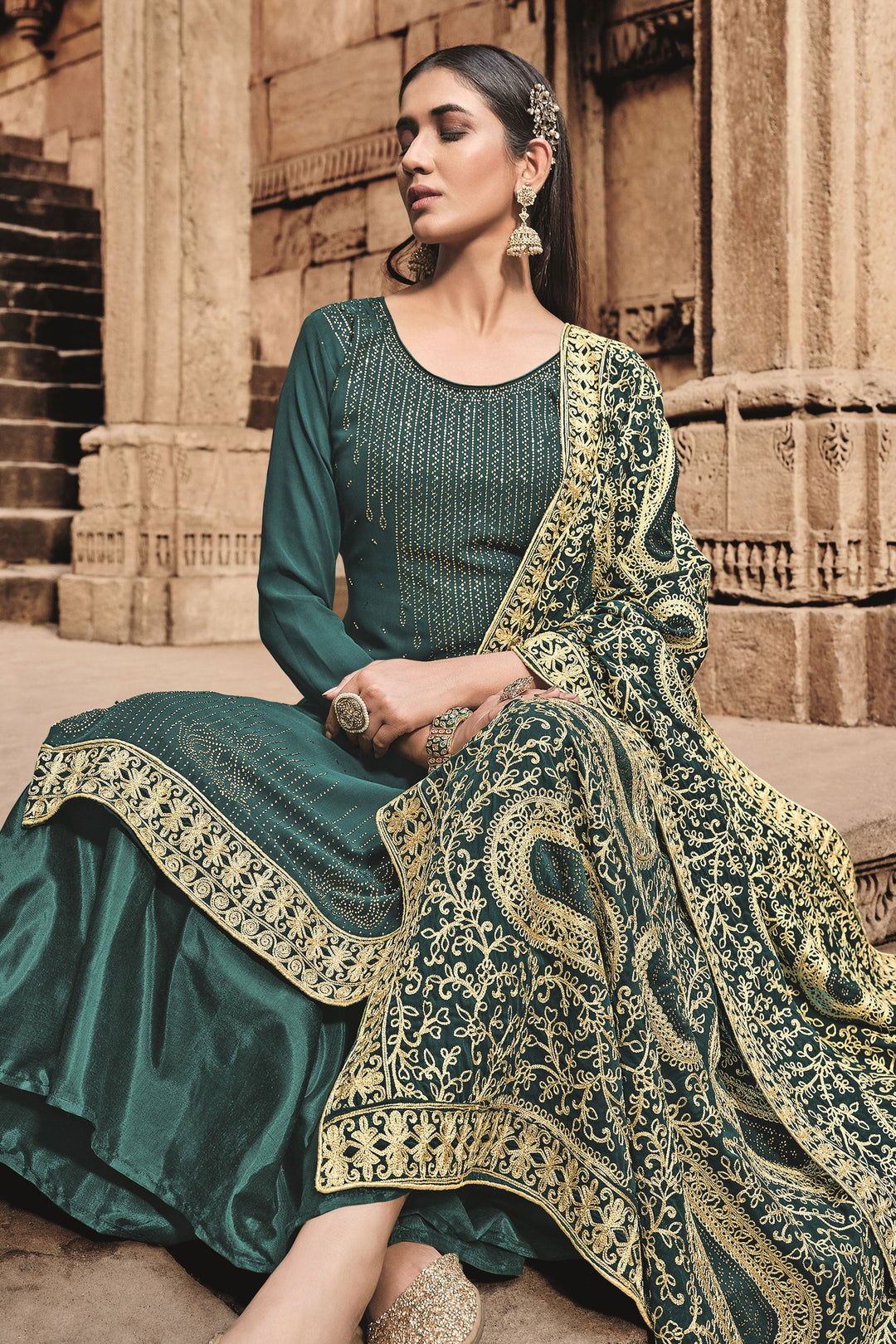 Festive Wear Teal Color Georgette Fancy Work Classic Palazzo Suit | Buy Online India