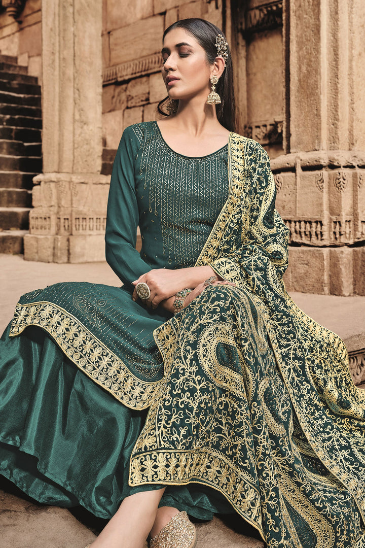 Festive Wear Teal Color Georgette Fancy Work Classic Palazzo Suit | Buy Online India