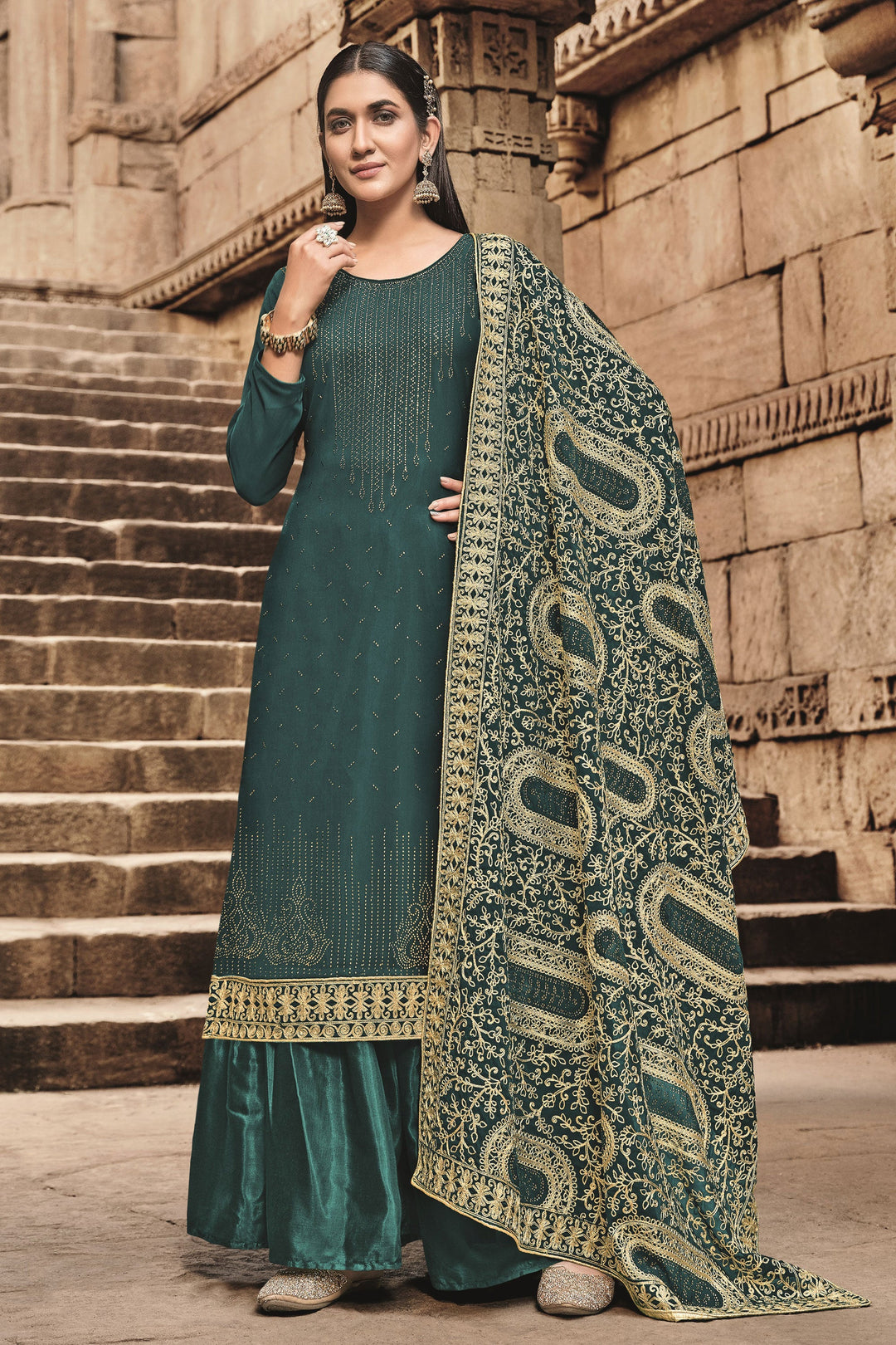 Festive Wear Teal Color Georgette Fancy Work Classic Palazzo Suit | Buy Online India