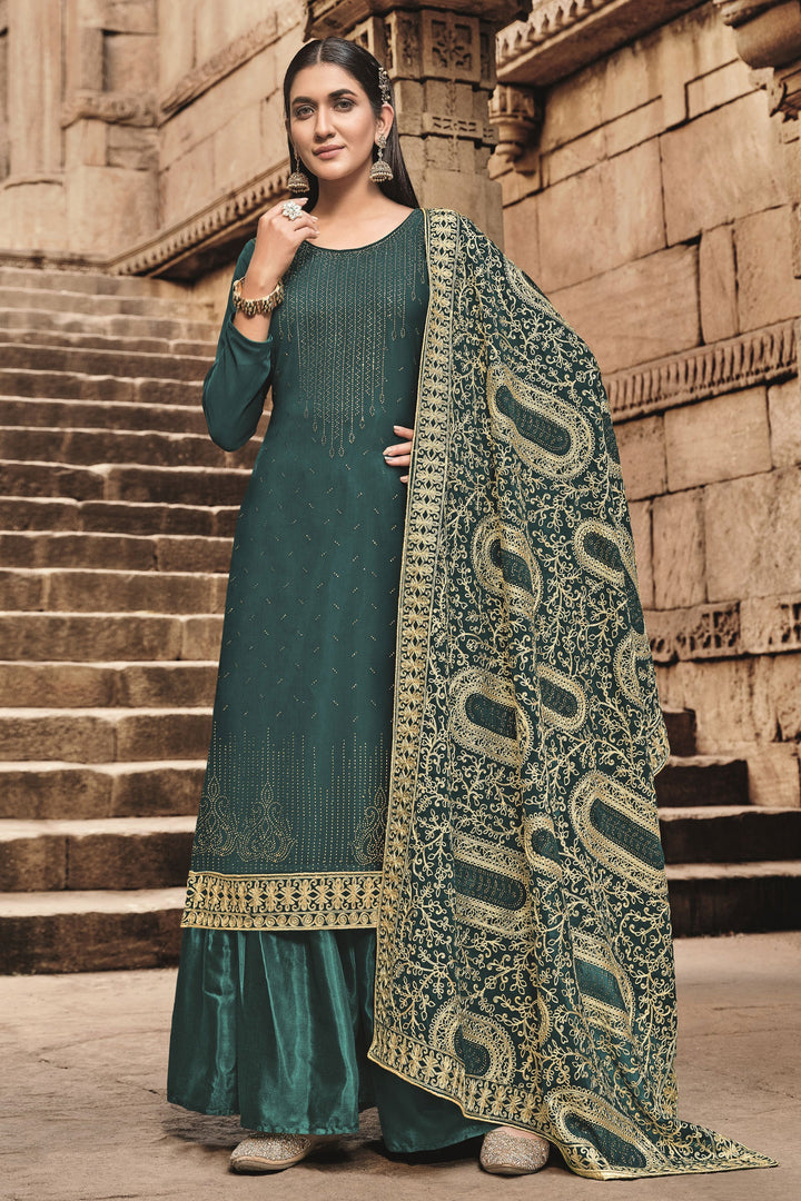 Festive Wear Teal Color Georgette Fancy Work Classic Palazzo Suit | Buy Online India