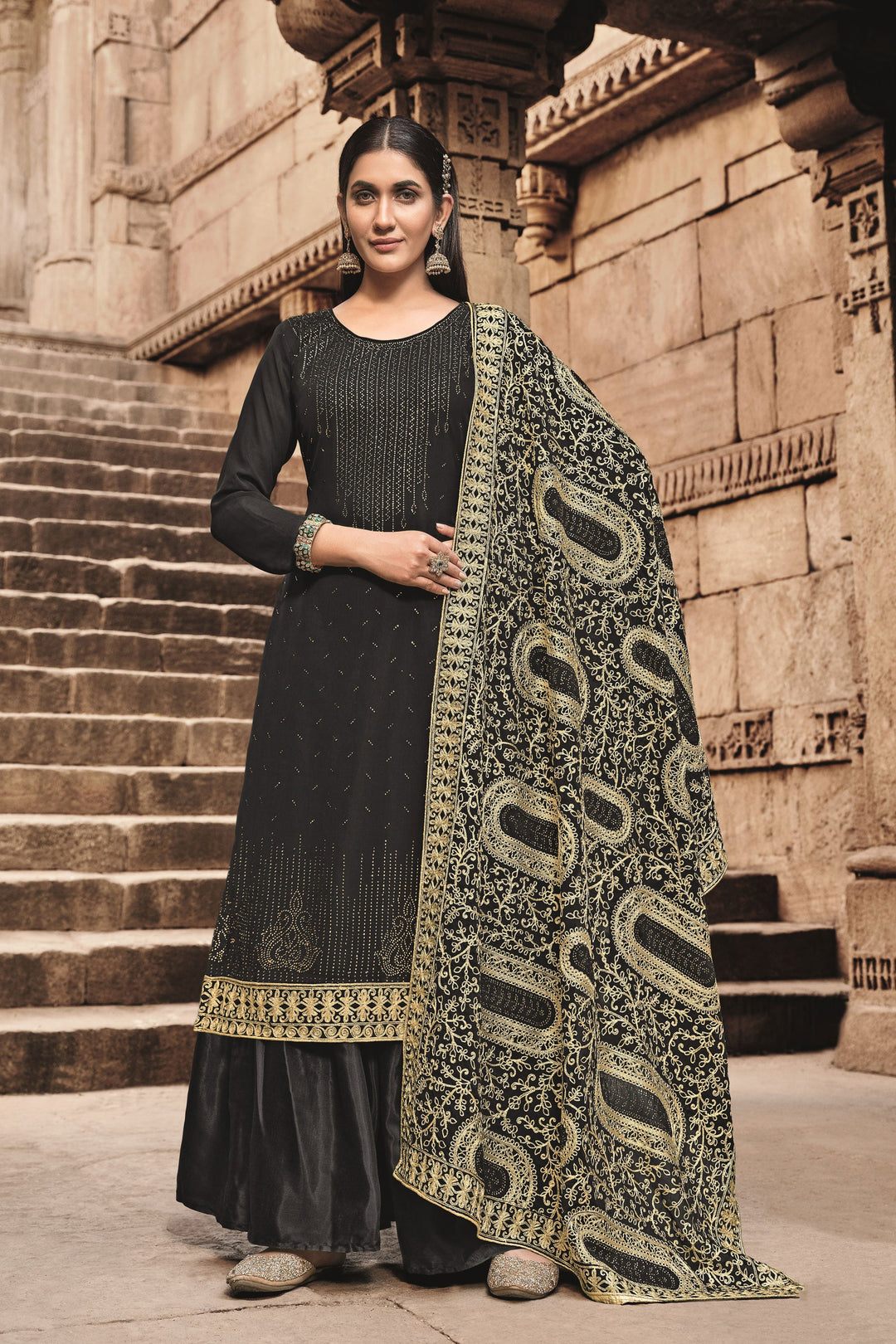 Black Color Georgette Fancy Work Vintage Festive Look Palazzo Suit | Buy Online India