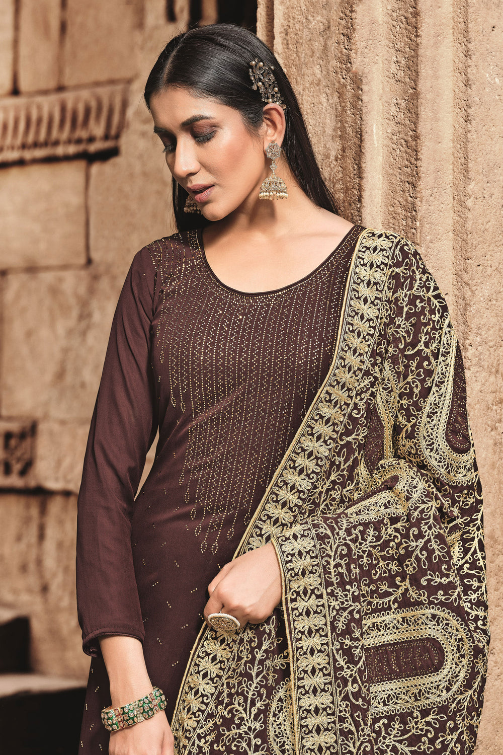 Festive Wear Georgette Fancy Work Lovely Palazzo Suit In Brown Color | Buy Online India