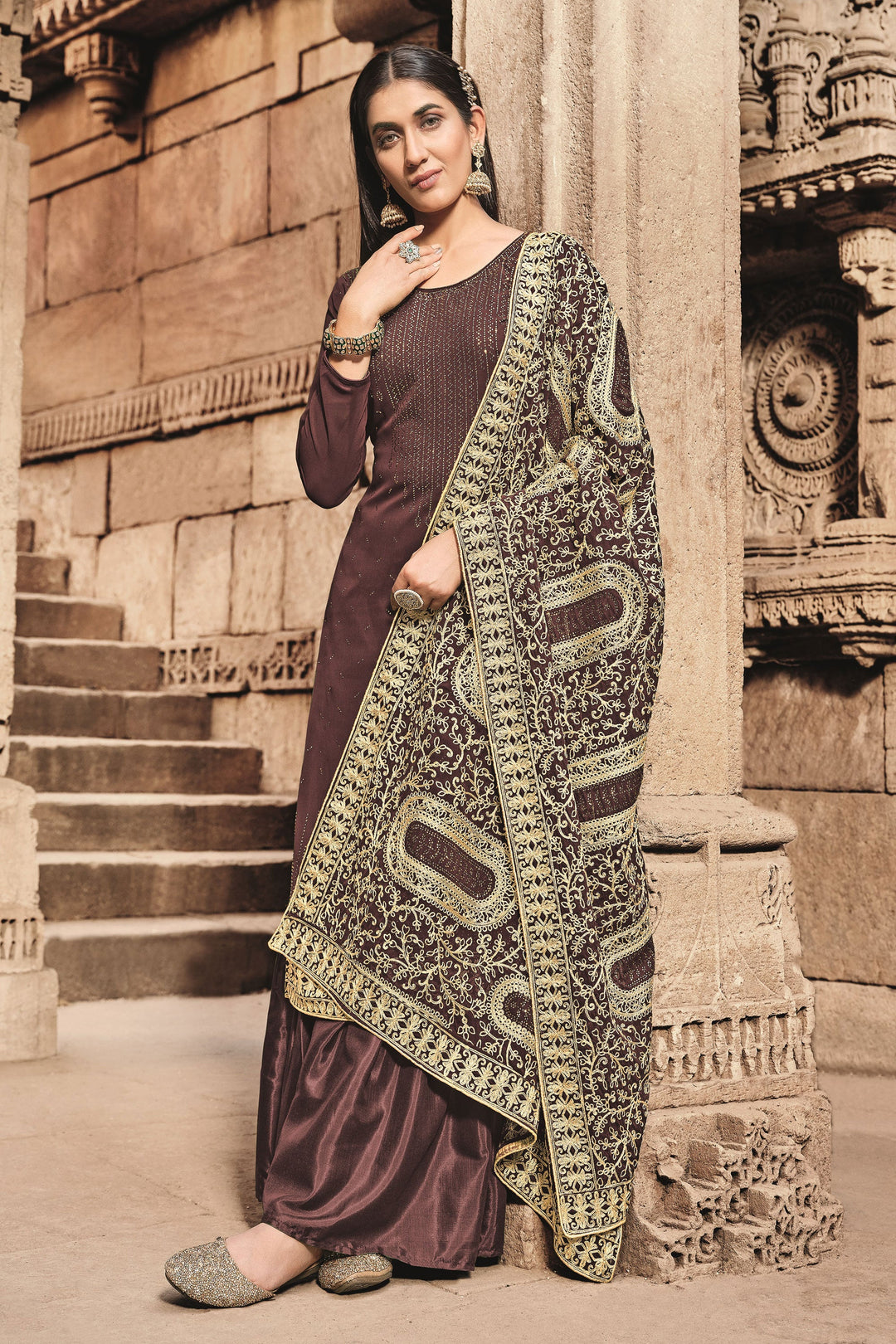 Festive Wear Georgette Fancy Work Lovely Palazzo Suit In Brown Color | Buy Online India