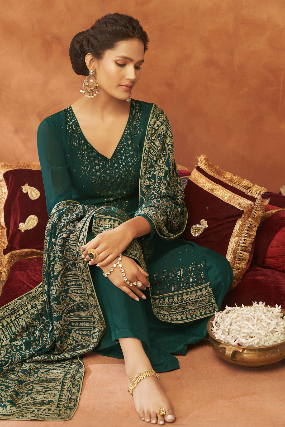 Incredible Georgette Dark Green Color Function Wear Fancy Work Palazzo Suit | Buy Online India