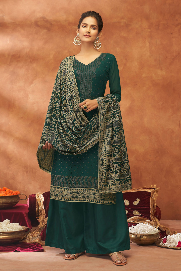 Incredible Georgette Dark Green Color Function Wear Fancy Work Palazzo Suit | Buy Online India