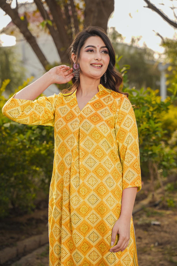 Attractive Rayon Fabric Yellow Color Kurti Bottom Set With Digital Printed Work | Buy Online India