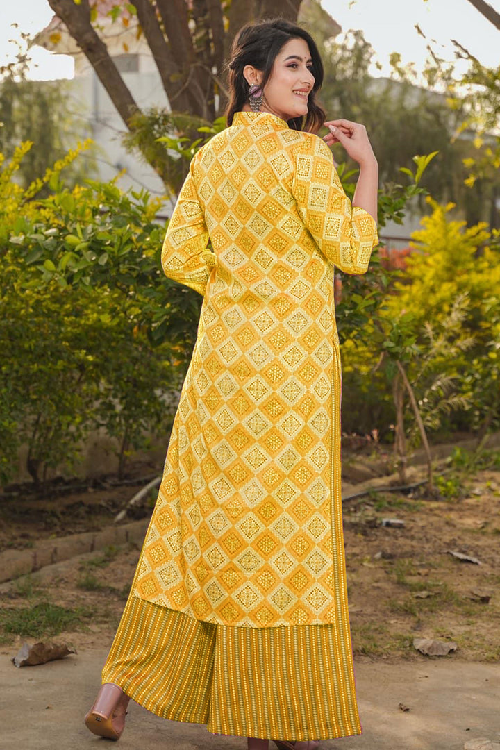 Attractive Rayon Fabric Yellow Color Kurti Bottom Set With Digital Printed Work | Buy Online India