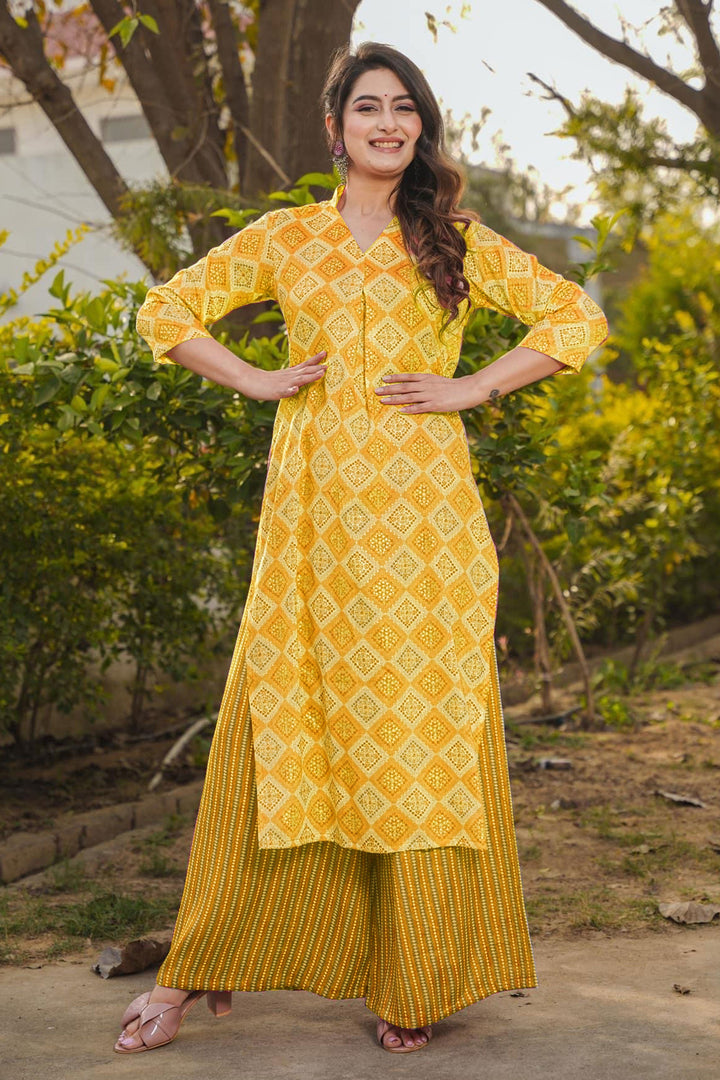 Attractive Rayon Fabric Yellow Color Kurti Bottom Set With Digital Printed Work | Buy Online India