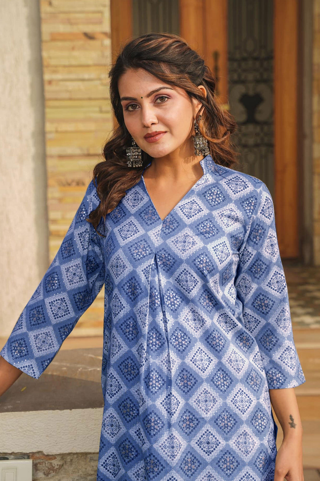 Digital Printed Work On Blue Color Rayon Fabric Riveting Kurti With Bottom | Buy Online India