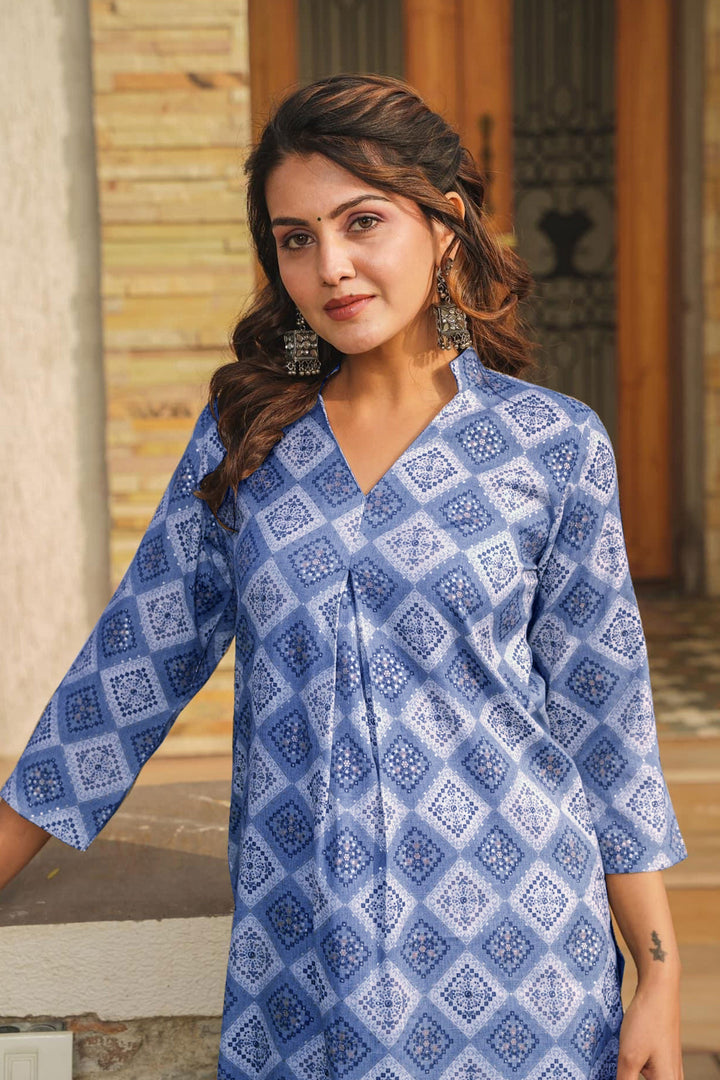 Digital Printed Work On Blue Color Rayon Fabric Riveting Kurti With Bottom | Buy Online India
