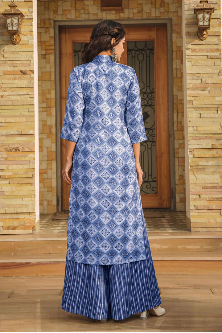 Digital Printed Work On Blue Color Rayon Fabric Riveting Kurti With Bottom | Buy Online India